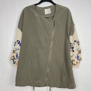 Zara Trafaluc Jacket Womens XS Green Multi Embroidered Sleeve Diagonal Zip Up
